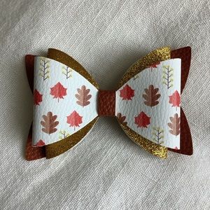 Fall leaves gold glitter hair bow | brown faux leather | thanksgiving holiday